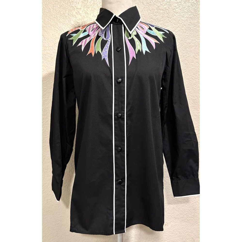 Bob Mackie Wearable Art Black Ribbon Bow Button Up Top